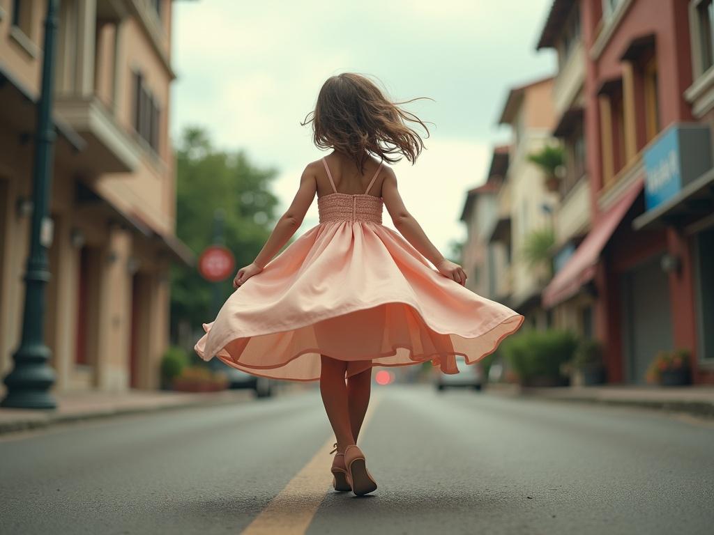 A young girl walks down the street wearing high heels. A dress rises high in the wind. Soft light bathes the scene.