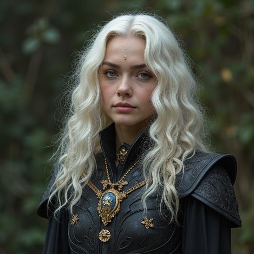 A fantasy character resembling Griffith depicted in a lifelike manner. Character has long, wavy light hair, intricate costume, ornate details, and a thoughtful expression. Background is greenery for a mystical feel.