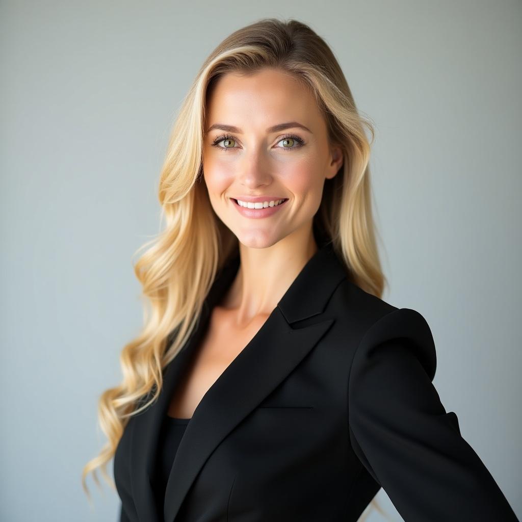 Professional half body portrait of a woman in a formal black suit with long blonde hair. She has a confident expression and is looking directly at the camera against a light gray background.