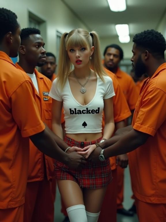 Scene from a music video set in a prison. Main character is wearing a revealing outfit. She appears scared and intimidated by the surrounding inmates. Full body view shows her holding a provocative sign. Group of male inmates in orange jumpsuits crowd closely around her.
