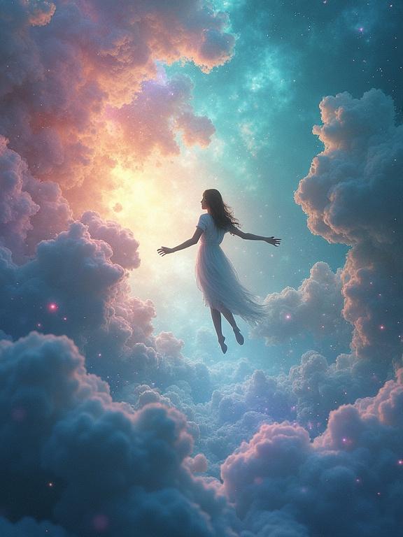 A photograph shows a figure floating in a colorful nebula. The figure reaches towards glowing fragments like geometric shapes. The atmosphere is vibrant with deep colors such as blue, purple, pink, gold, and green. The lighting is soft and internal, creating wonder. The style blends photorealism and fantasy, focusing on details in ultra high resolution.