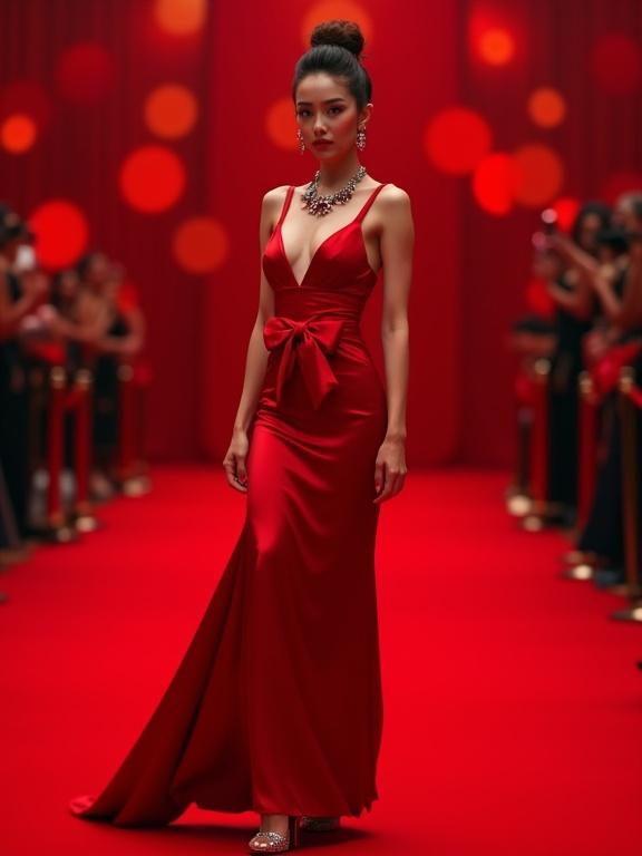 Portrait of a woman in an elegant red satin dress. The dress has a deep V-neckline with a bow at the waist. She stands confidently on a red carpet. High-heeled shoes with rhinestones. Hair styled in a sleek updo. She wears earrings and a bold necklace. The background features a vibrant red with bokeh. The lighting is cinematic and the focus is sharp on her. The atmosphere is sophisticated and glamorous. The aesthetic is elegant and photorealistic.