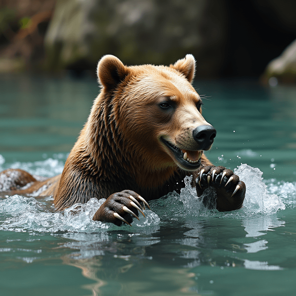 A lively brown bear is immersed in clear blue water, displaying an expression that could be interpreted as playful or content. The bear's coat is wet, glistening under a natural light, highlighting its rich brown hues. Its claws are prominently visible as it splashes in the water, causing small droplets to scatter around. The background consists of blurred foliage and rocks, suggesting a natural and serene setting.