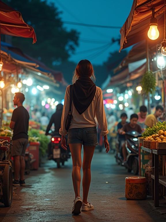 Beautiful expatriate woman in casual clothing walking in a busy Indonesian market at night. She wears a long sleeve t-shirt, jeans, and sneakers. The market is filled with vendors and visitors. Neon lights and bulbs illuminate the scene. Young people engage with gadgets along the roadside. Motorcycles and pickup trucks navigate through traffic.