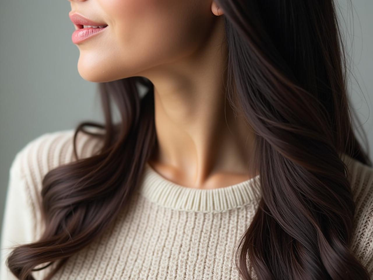 The image features a close-up view of a person's upper body and face, focusing on their hair and neck. The hair is long, dark, and has a natural shine, cascading down gracefully. The person is wearing a textured sweater, which adds depth to the image. The skin appears smooth and soft, highlighting the natural beauty of the individual. The background is softly blurred, ensuring the focus remains on the person. The lighting is soft and flattering, contributing to a calm and serene atmosphere.