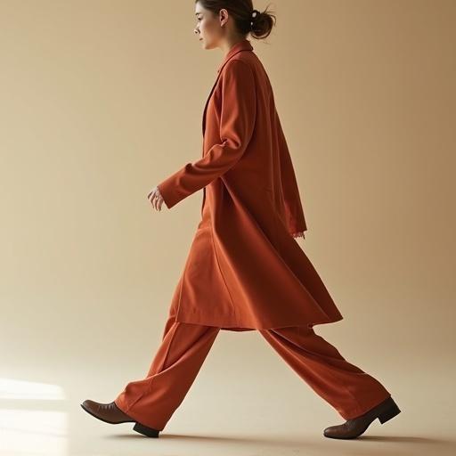 A woman walks smoothly and elegantly from left to right across the screen. The camera remains fixed in a medium side view, capturing her natural movement. She has a firm stride with her gaze forward. Her arms sway naturally, and her silhouette stands out against a uniform light background. The lighting is soft and uniform, accentuating her contours. Close-up portrait, soft lighting, fashionable outfit, expressive gaze, natural beauty, warm tones enhance look.