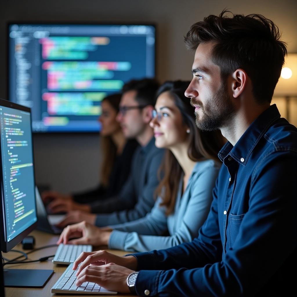 The image showcases a group of professionals engaged in software development. Four individuals are sitting at a table, focused on their desktop computers displaying lines of code. The atmosphere is professional, with soft lighting enhancing focus. The foreground features a man actively typing on the keyboard, capturing the essence of concentration. Other team members appear equally engaged, emphasizing collaboration in coding and quality assurance work.