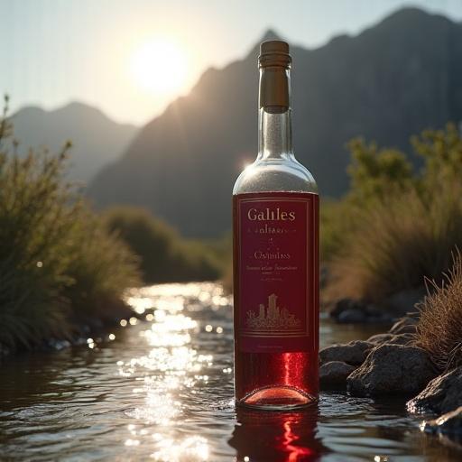 A wine bottle stands in a stream. The background shows mountains. The bottle is glass and filled with deep red wine. The label is ornate with gold and emerald detailing. The setting is a serene natural landscape. The light from the sunset enhances the scene. Moss and native plants surround the area. The image is hyperrealistic with clear details.