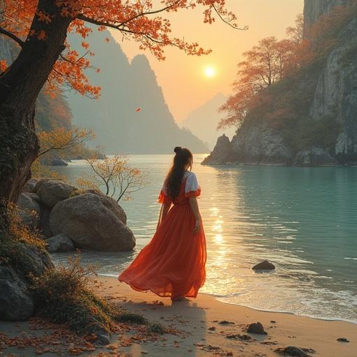 A woman in a flowing red dress stands near a tranquil lake surrounded by mountains. Autumn leaves adorn the trees. The sunset casts a warm glow over the scene. Water reflects the colors of the sunset. The atmosphere is serene and peaceful.