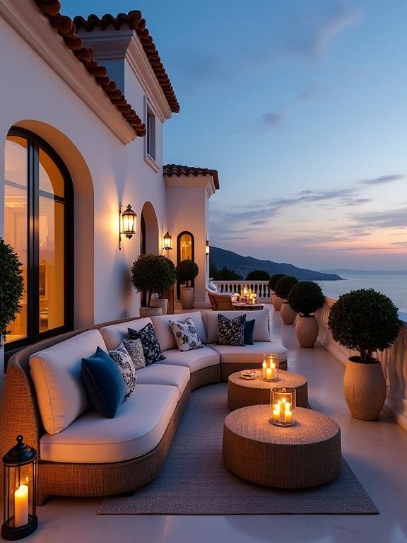 Luxurious Mediterranean-style balcony terrace at dusk. Elegant architecture blends classical style with coastal living. White stucco building, terracotta roof, and tall French windows. Curved wicker sofa with plush cushions and throw pillows. Circular rattan tables topped with candles. Soft golden lighting from lanterns and candles enhances the romantic atmosphere. Neatly clipped topiary plants in decorative planters. Ideal setting for intimate gatherings or quiet retreats.