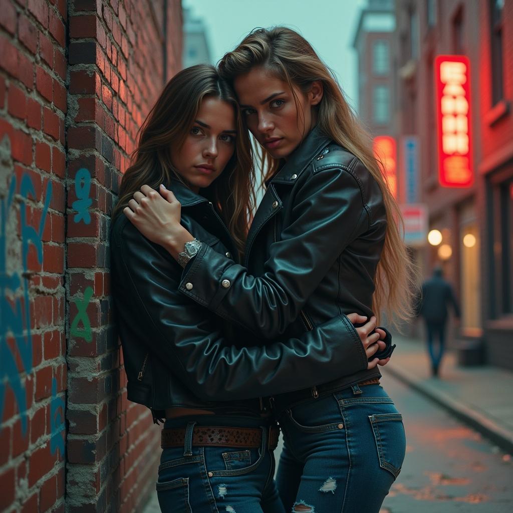 A dramatic scene depicting two young individuals in a city setting. One person wearing a dark leather jacket and distressed denim jeans embraces another against a graffiti-covered brick wall. The background features a blurred cityscape with muted colors and neon lights.