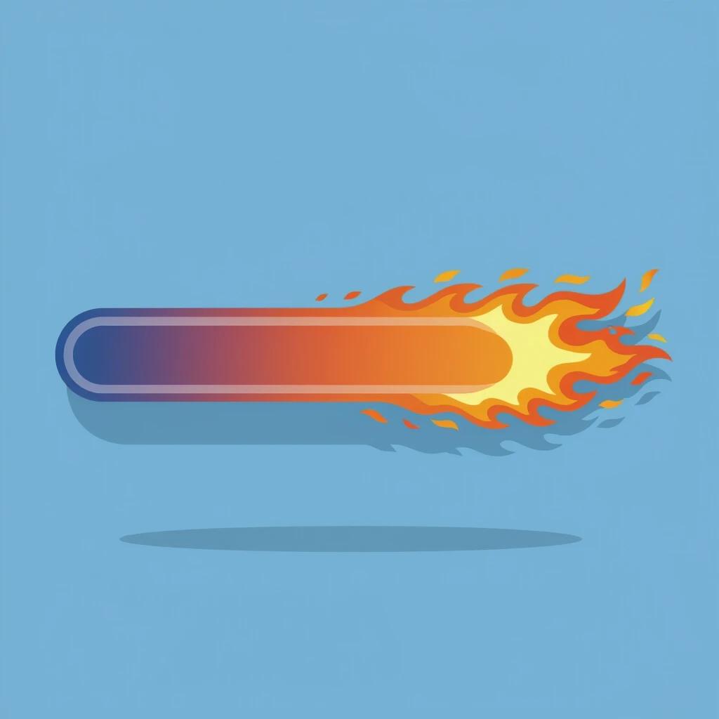 A flat 2D vector illustration of a horizontal gradient bar. The left side is blue, transitioning to red on the right. The right end has an intense burning flame effect with heat distortions. Clean lines and flat colors are used while the background remains plain.