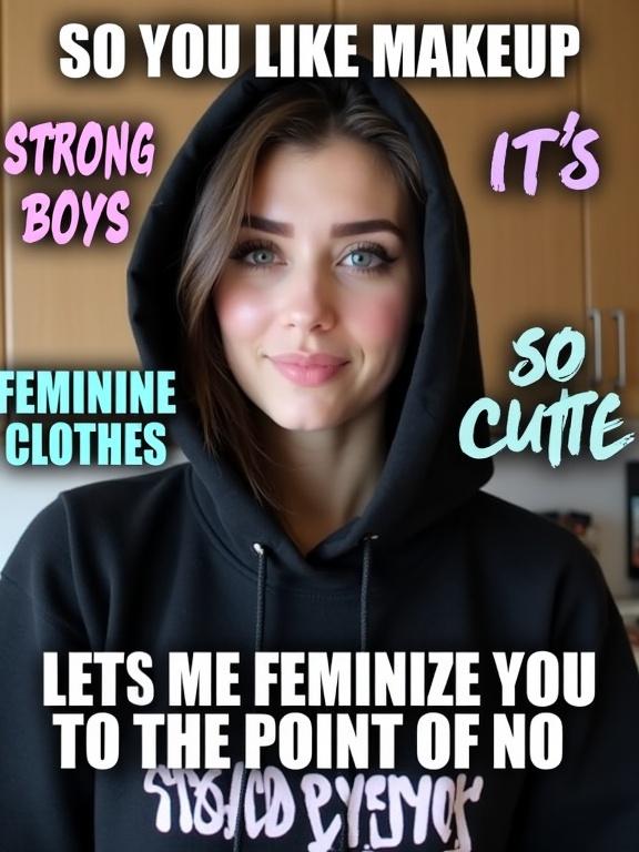 A feminine crossdresser wears a black hoodie and looks at the camera. The subject has subtle makeup and delicate features. Text surrounds the subject in a meme format. The background shows a neutral-toned kitchen with wall cabinetry.