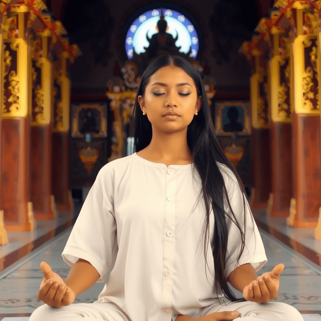 A woman meditates peacefully inside a decorated temple.