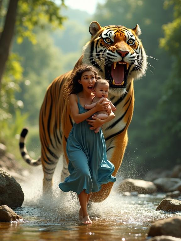 A woman in a blue dress runs with a baby by a jungle river. She looks terrified. A large tiger chases them. The setting is lush and bright with rocks in the water. Image has a Pixar cinematic 3D style.
