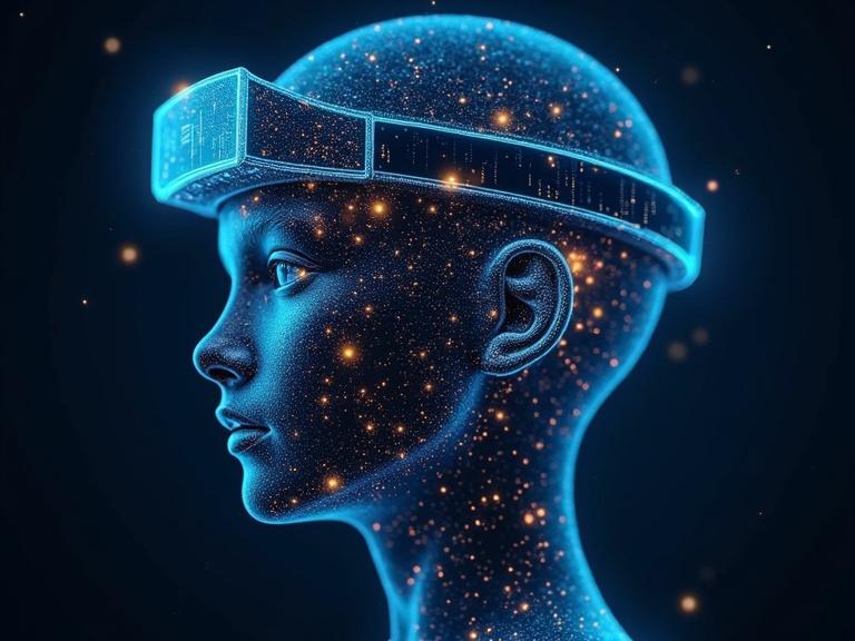Digital representation of a head wearing high-tech gear. Gear glows with lights and features icons like graphs cameras and social media overlays. Background is dark enhancing the glowing effect. Focus on advanced technology and its applications.