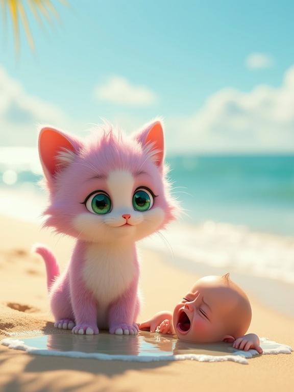 Fluffy anthropomorphic kitten with pastel pink and lavender fur stands on a sunlit beach next to a crying baby lying in water. Kitten has an inquisitive expression. Ocean and waves visible in background with golden sunlight and bright sky.