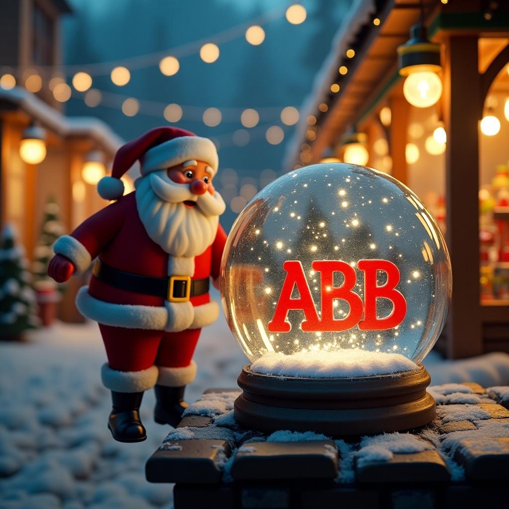 Christmas scene features Santa Claus visiting an ABB factory. Snow globe displays ABB name. Background includes a toy shop decorated festively with glowing lights.