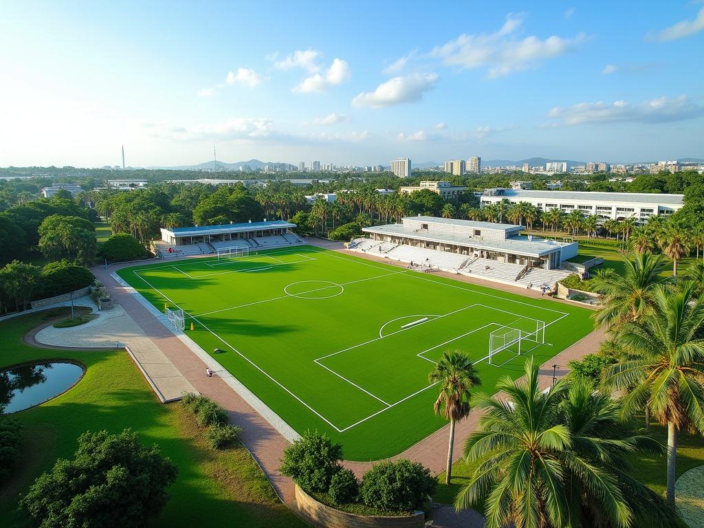 This image shows a beautifully landscaped sports complex. In the center, there is a large green football field, well-maintained and marked for play. Surrounding the field are palm trees, adding a tropical feel to the area. On one side of the field, there are bleachers where spectators can sit and watch events. Nearby, there is a small pond that enhances the natural scenery. The sky is clear with a few clouds, creating a bright and inviting atmosphere. The complex appears to be modern, with several buildings in the background that likely serve as facilities for the athletes.