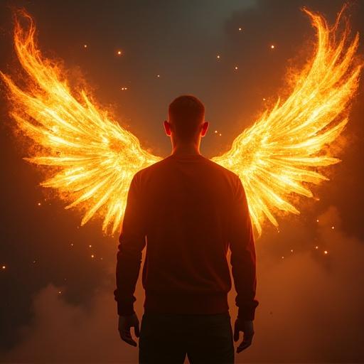 A man with glowing phoenix wings stands against a dramatic background. The wings radiate flames and light. Ethereal atmosphere surrounds the man. He faces away from the viewer, emphasizing the wings.