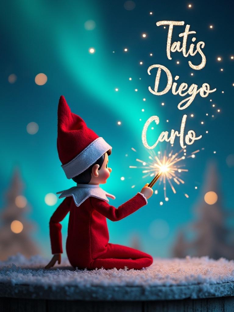 Elf character with back to the viewer facing the night sky. Elf wearing red and white outfit. Using a wand to write Tatis, Diego, Carlo in the air. Background features magical northern lights and snow-covered trees. Christmas theme ambiance.