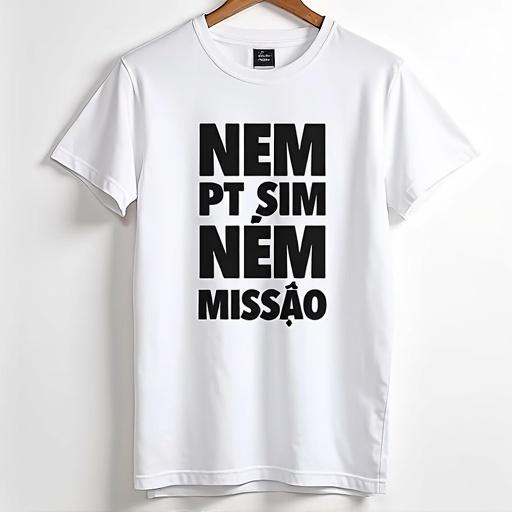 A white t-shirt displaying a bold black slogan. The text reads NEM PT SIM & NEM MISSÃO in large fonts. The design gives a contemporary and casual vibe.