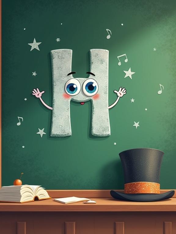 Charming cartoon of a green chalkboard. Playful letter 'H' drawn in white chalk. Letter has big eyes and tiny arms. Stylish top hat on chalkboard ledge, slightly tilted. Fun details include floating chalk dust, sparkling stars, and a wooden frame. Magical classroom background with musical notes.