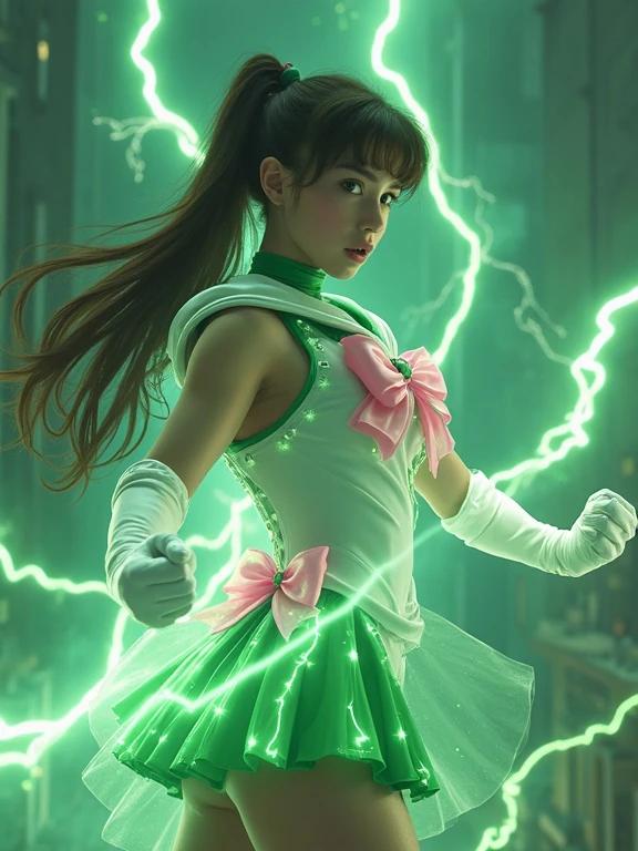 Cinematic shot of an enraged character from Sailor Moon with clenched fists in a fighting stance. Wears a high-tech green and white sailor uniform with glowing patterns and a pleated miniskirt. Long brown hair flows dramatically. Surrounded by green lightning energy. Background depicts apocalyptic city slums. Highly detailed image with intense energy.