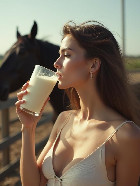 A woman stands in a breeding farm. She holds a glass of thick cream. A black horse is visible in the background. Natural sunlight illuminates the scene. The woman wears a fitted top that highlights her neckline. Her hair flows gently in a soft breeze.