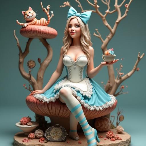 Detailed resin sculpture of a woman inspired by Alice in Wonderland. Realistic proportions with a slender body. Woman sits cross-legged on a mushroom holding a tea cup. Light blue dress, blue bow, striped stockings. Behind her, a twisted tree with a Cheshire Cat. Decorative elements include a pocket watch, flowers, and teacups.
