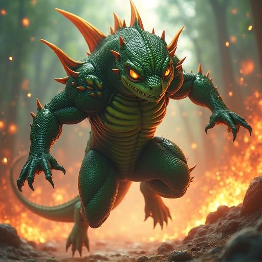 Image of a lizardman antihero in a battle pose. She has dark green scales with crimson highlights, glowing amber eyes, and a jagged crest. The background features a dramatic battlefield. The character is jumping with agility, displaying strength and intensity. Dynamic shading emphasizes the combat scenario with a bright color palette.