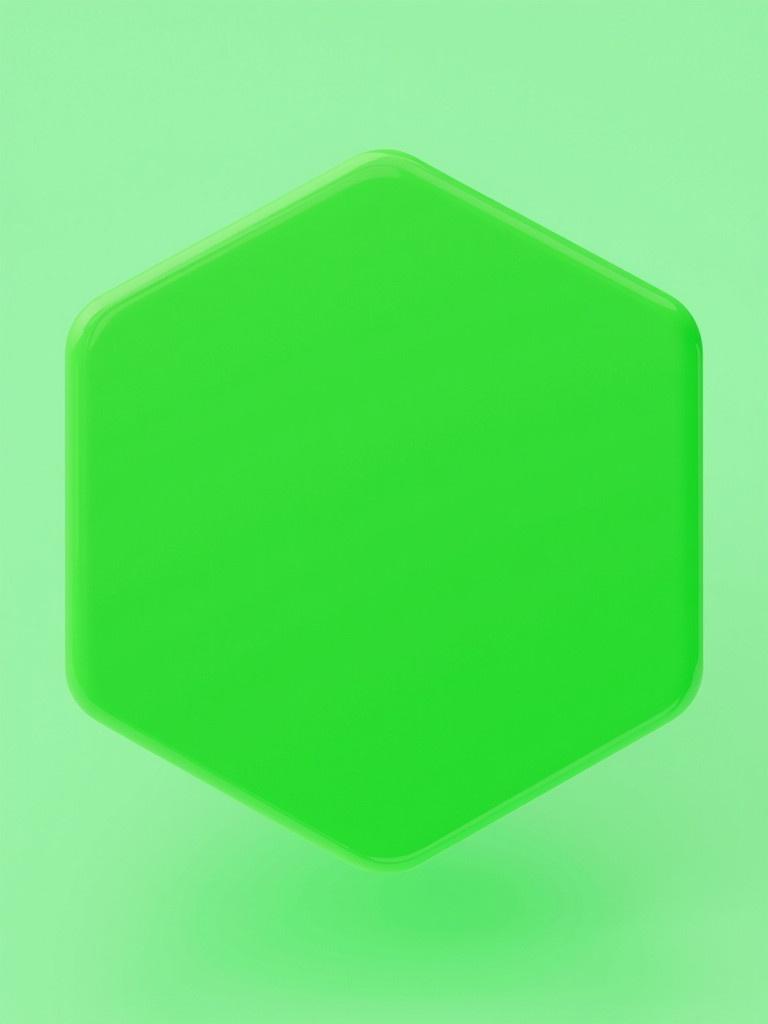 A three-dimensional hexagonal shape. The hexagon is brightly green. Simple and minimalistic design. Smooth and glossy surface. Background is a lighter green shade.