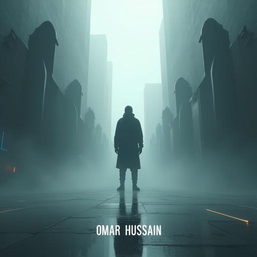 Create a cinematic surreal scene with a central figure under a spotlight. The figure is in an abstract environment with ethereal duplicates in the background. A foggy landscape with glowing lines symbolizes interconnectedness. The color palette includes charcoal grays, deep blues, and muted silvers with light accents. The ground is reflective, mirroring the figure. Add motion blur to background clones. Place text ‘OMAR HUSSAIN’ at the bottom center in a modern font.