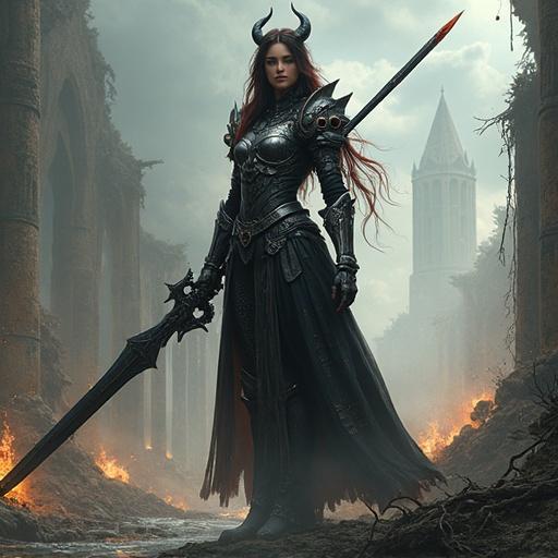 A beautiful female warrior stands tall with dark brown hair and crimson streaks. She has black demon horns and merges with magical elements. One arm transforms into a spear while magical eyeballs float behind her. Armor is asymmetrical, one side silver, the other black, etched with runes. Sword rests on her shoulder, hilt shaped like a creature's face. Background features a floating gothic temple amidst ash and glowing runes with roots entwined. Sky reveals alternate worlds. Dark fantasy art.