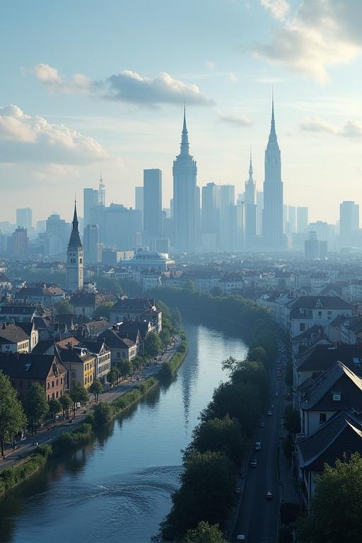 A skyline featuring tall buildings of Ostbevern. The scene captures the city view with a river in the foreground. Silhouettes of skyscrapers against a cloudy sky create a hazy atmosphere.