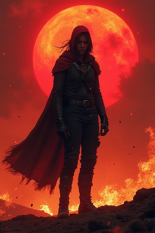 A hooded figure stands dramatically in front of a large red moon. The background illuminates with fiery elements. The figure wears a dark outfit and a flowing red cape. The scene conveys a sense of rebellion and determination.