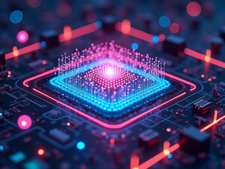 A hyper-realistic quantum computer glows with neon lights in a sterile lab. Floating quantum bits are visualized as glowing spheres orbiting around the computer.