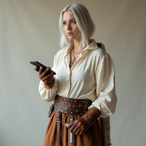 Female cosplay of a Witcher character with shoulder-length silvery-white hair dressed in medieval-inspired clothing. Off-white blouse and brown leather-style pants with a belt adorned with teal stones. Holding a sword and a smartphone. Confident and attentive expression in a plain beige background.