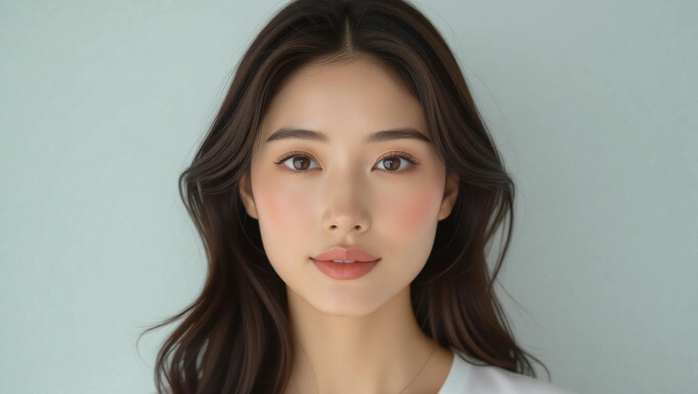 Highly realistic portrait of a beautiful woman. Adult female with soft features. Natural look with long black hair and gentle expression. Minimal makeup highlights beauty. Casual yet elegant styling. Appears ready for a casual date.