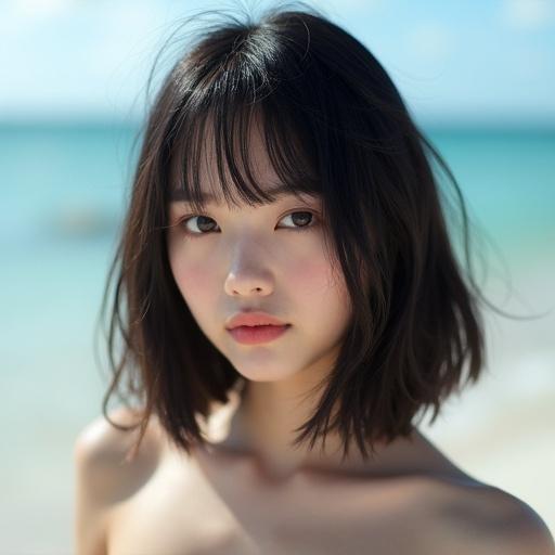 Portrait of a young girl with straight bob hair. She has an intense expression. The setting is a sunny beach with clear water in the background.
