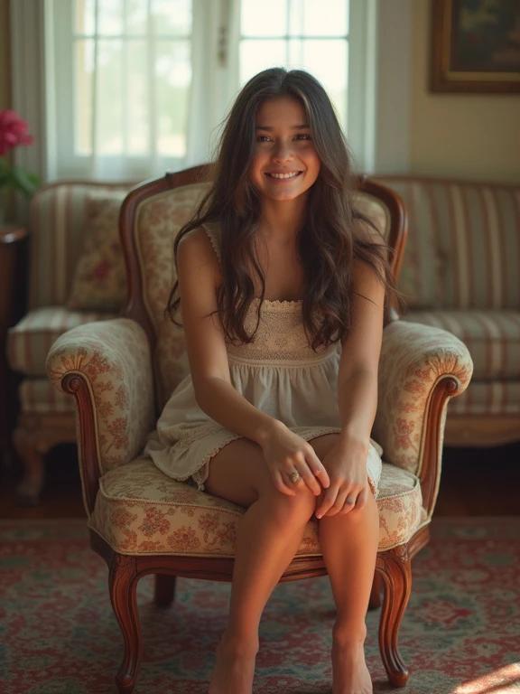 A young girl sits on an elegant chair in a warm, inviting living room. She wears a cute mini sundress. The room is decorated with a colorful rug. Natural light brightens the space. The composition captures a casual but attractive vibe. The girl has a flirtatious expression. Her posture is playful and engaging. This image conveys a sense of comfort and charm.