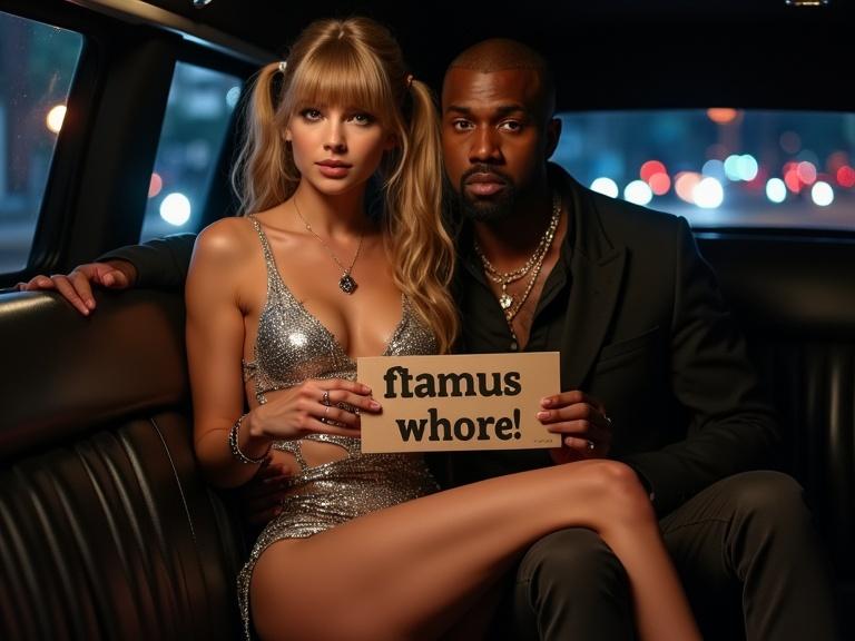 Photorealistic image of a pretty young woman in a silver miniskirt sitting in a limousine at night holding a sign that says 'famous wh0re'. She appears happy and stylish. A black man sits beside her holding her close.
