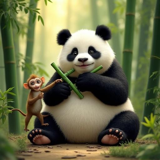 Giant panda sitting in a bamboo forest. Panda munching on green bamboo stalk. Adorable expression with fluffy black-and-white fur. Little monkey nearby reaching for panda's ear. Monkey looks playful with sparkling eyes. Background features lush bamboo grove with sunlight filtering through leaves.
