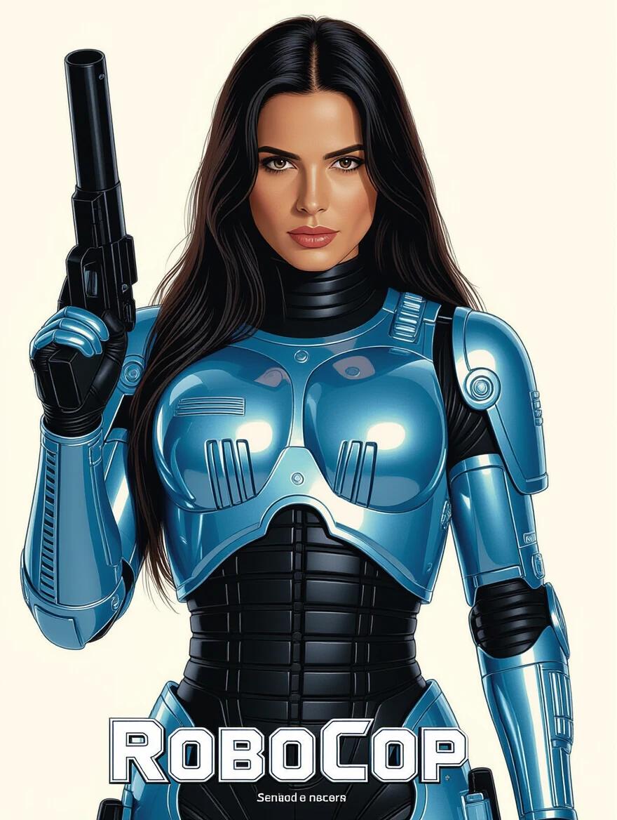 Female character inspired by RoboCop. Long black hair. Wearing futuristic blue armor. Aiming a gun. Centered in the image. Digital artwork style.