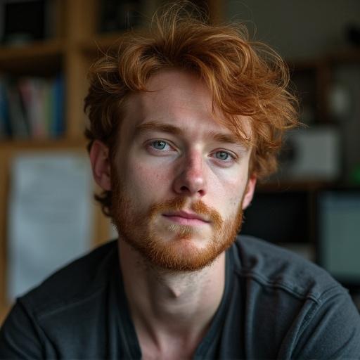 Photograph of a young man with messy ginger hair. Unkempt short facial hair. Sharp chin. Taken in a dim office environment. Old iPhone used for capture. Messy background.