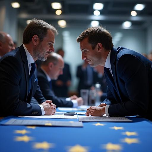 Behind-the-scenes shot shows Macron and Scholz at a table with the EU flag. Documents and a coffee cup are scattered. Security detail in the background is blurred. LED panels and smartphone light create mixed lighting. Cinematic style emphasized.