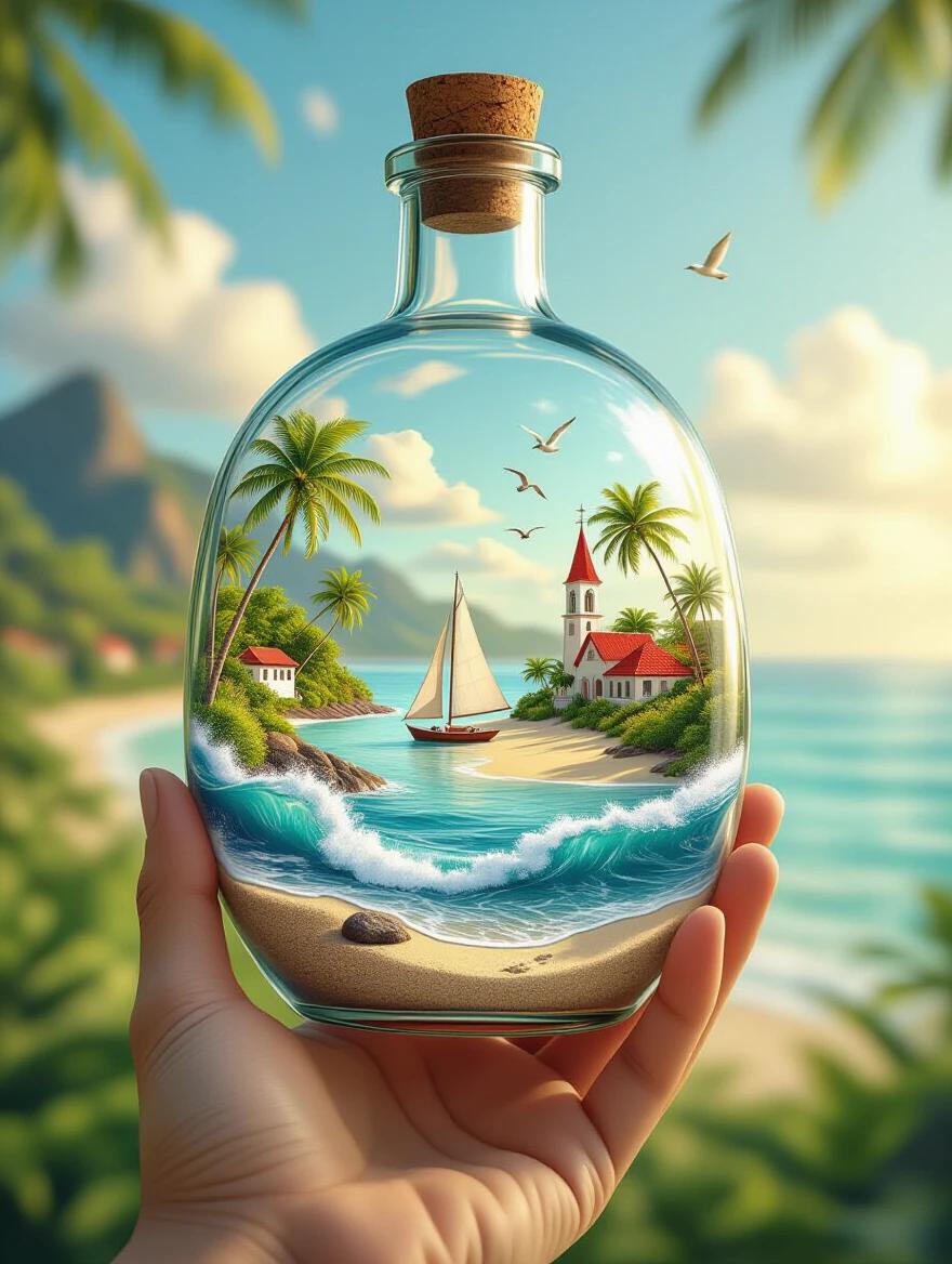 Hand holds an old corked bottle containing an animated beach scene. Ocean waves move, sailboat sways, palm trees wave. Tropical background is blurred. Lush scenery inside glass. Birds fly around. Warm sunlight illuminates sky with clouds. Bottle floats on dark turbulent sea.