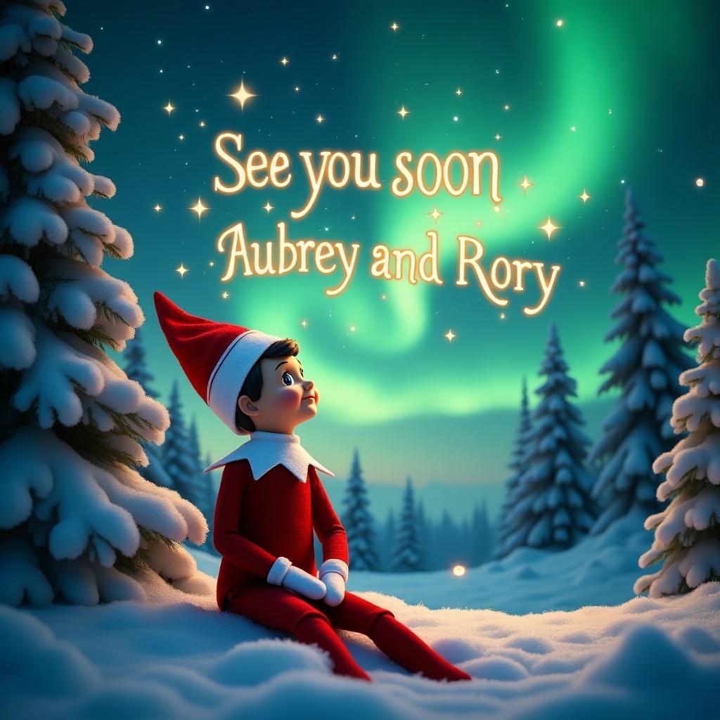 Whimsical scene with elf on the shelf in a snowy landscape. Elf wears red and white outfit. Elf gazes at night sky. Vibrant northern lights in green. Text 'See you soon Aubrey and Rory' in playful font. Snow-covered trees surround elf. Magical mood for holiday season.