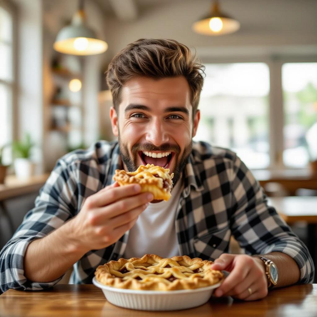 A man enjoys apple pie with a big smile in a cafe setting. He holds a slice of pie. The table has a pie dish.