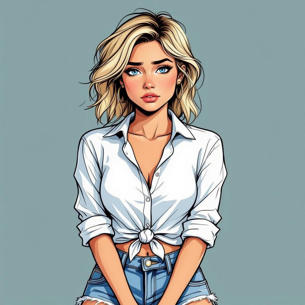 Illustration of a young woman without makeup and jewelry. Viewed from the side. She has blue eyes and messy straw-blonde hair. She looks sad. She wears stretched and faded denim shorts with a knotted white shirt. Hands clasped behind her back. Shoulders hunched. Semi-realistic comic style with bold lines.